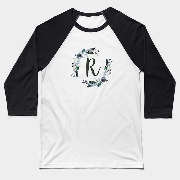 Floral Monogram R Dark Bohemian Flora Baseball T-Shirt by floralmonogram